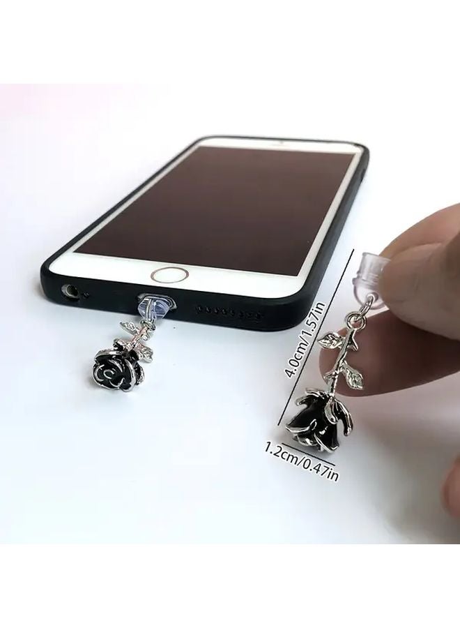 Alloy 3D Black Rose Phone Dust Plug with Rope For Type C Charging Port - Image 2