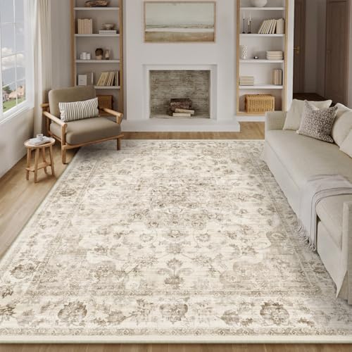 WondRg 9x12 Neutral Area Rug Beige Vintage Living Room Bedroom Washable Carpet Non-Slip Soft Low Pile Floral Indoor Large Throw Rug for Dining Room Office - Image 5