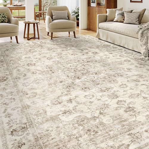 WondRg 9x12 Neutral Area Rug Beige Vintage Living Room Bedroom Washable Carpet Non-Slip Soft Low Pile Floral Indoor Large Throw Rug for Dining Room Office - Image 4