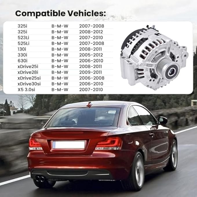 FuseRish 180Amp 12V New Alternator Compatible with 2007-13 BM.W 128i 323i 328i 528i X3 X5 xDrive30i 2.5L 3.0L Part #: 11301N,400-24214,12-31-7-550-968,ABO0391 - Image 3