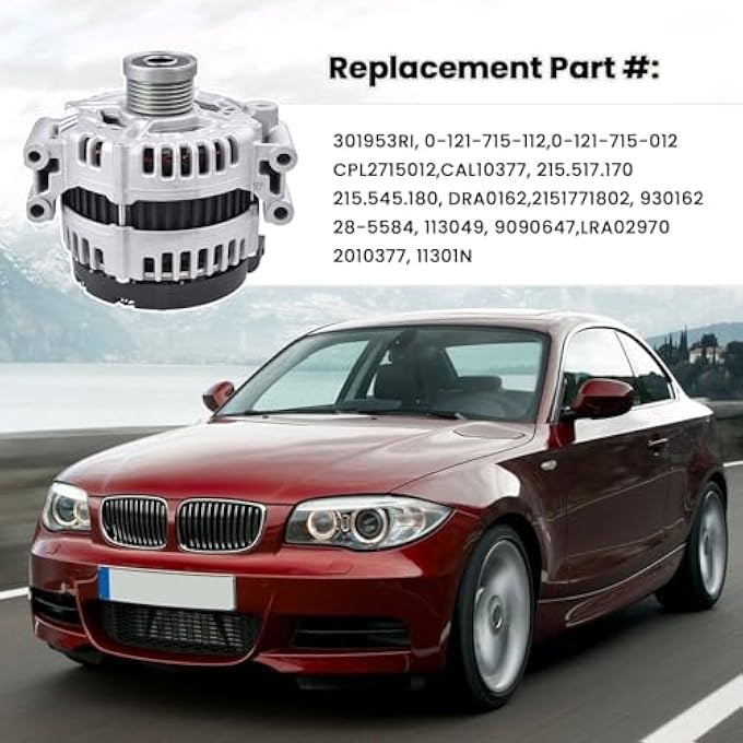 FuseRish 180Amp 12V New Alternator Compatible with 2007-13 BM.W 128i 323i 328i 528i X3 X5 xDrive30i 2.5L 3.0L Part #: 11301N,400-24214,12-31-7-550-968,ABO0391 - Image 2