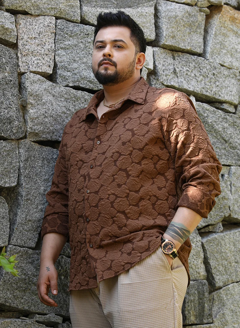Instafab Plus Instafab Plus Men's Chocolate Brown Rose-Tactile Shirt For Casual Wear | Spread Collar | Long Cuffed Sleeves | Button Closure | Plus Size Shirt Crafted With Comfort Fit For Everyday Wear