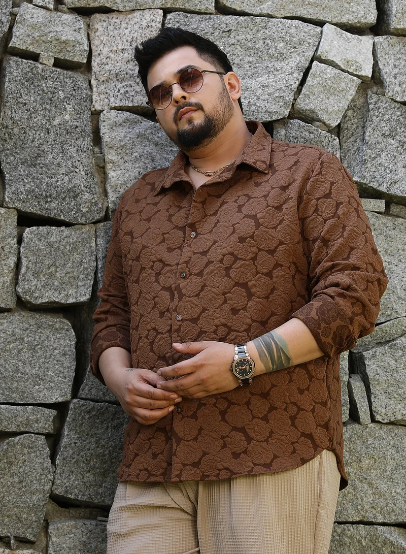 Instafab Plus Instafab Plus Men's Chocolate Brown Rose-Tactile Shirt For Casual Wear | Spread Collar | Long Cuffed Sleeves | Button Closure | Plus Size Shirt Crafted With Comfort Fit For Everyday Wear