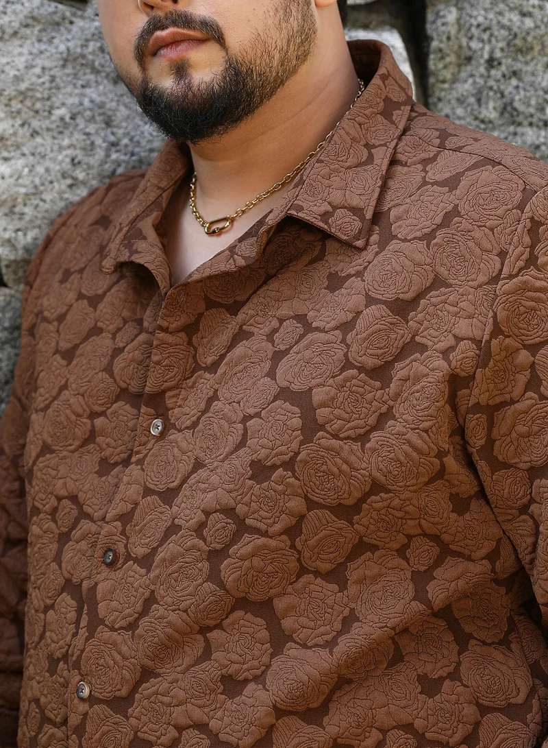 Instafab Plus Instafab Plus Men's Chocolate Brown Rose-Tactile Shirt For Casual Wear | Spread Collar | Long Cuffed Sleeves | Button Closure | Plus Size Shirt Crafted With Comfort Fit For Everyday Wear