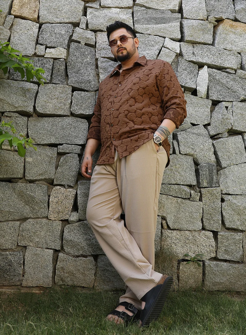 Instafab Plus Instafab Plus Men's Chocolate Brown Rose-Tactile Shirt For Casual Wear | Spread Collar | Long Cuffed Sleeves | Button Closure | Plus Size Shirt Crafted With Comfort Fit For Everyday Wear