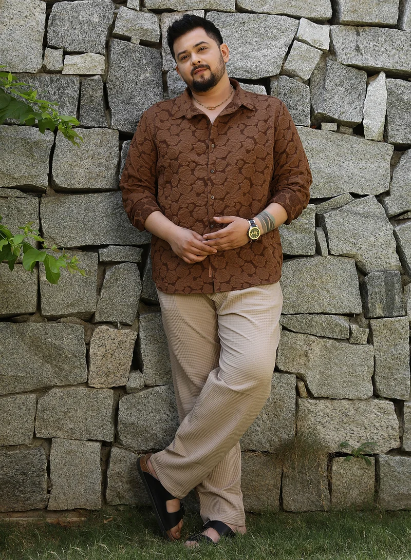 Instafab Plus Instafab Plus Men's Chocolate Brown Rose-Tactile Shirt For Casual Wear | Spread Collar | Long Cuffed Sleeves | Button Closure | Plus Size Shirt Crafted With Comfort Fit For Everyday Wear