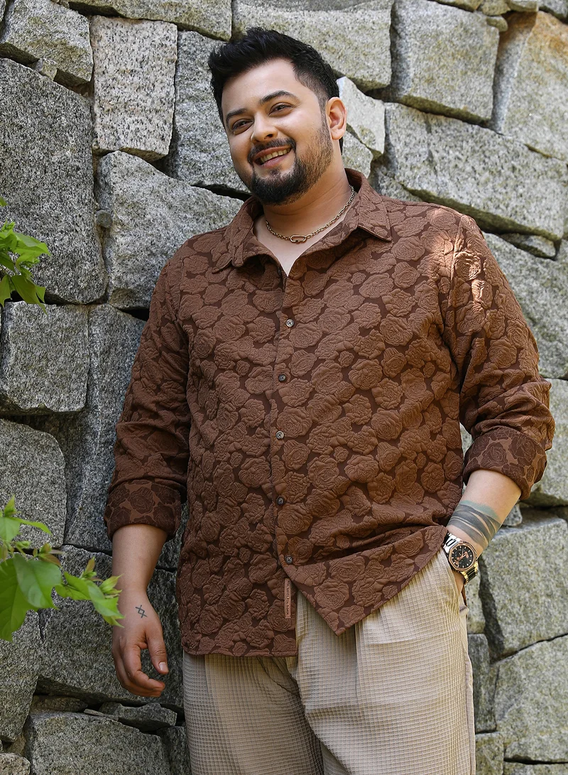 Instafab Plus Instafab Plus Men's Chocolate Brown Rose-Tactile Shirt For Casual Wear | Spread Collar | Long Cuffed Sleeves | Button Closure | Plus Size Shirt Crafted With Comfort Fit For Everyday Wear