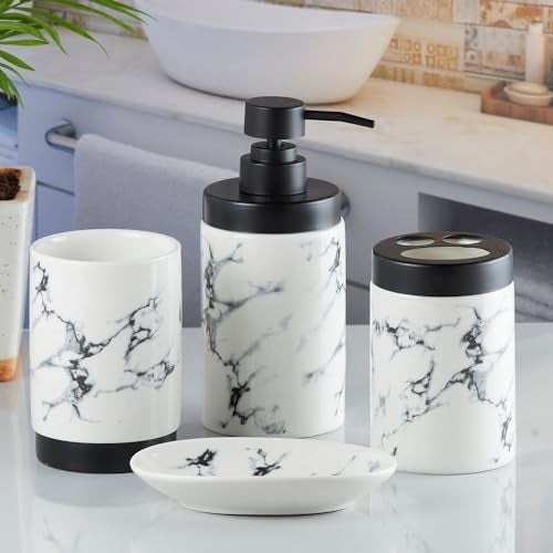 SaSaSa Ceramic Bathroom Accessories Set of 4 Modern Bath Set with Soap Dispenser & Toothbrush Holder, Luxury Home & Gift Idea, White/Black (9598) - Image 4