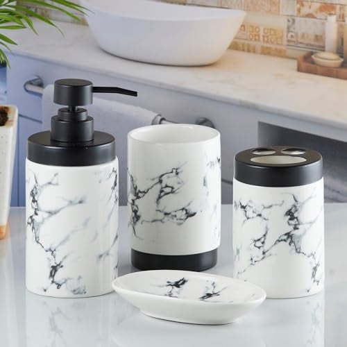 SaSaSa Ceramic Bathroom Accessories Set of 4 Modern Bath Set with Soap Dispenser & Toothbrush Holder, Luxury Home & Gift Idea, White/Black (9598) - Image 1