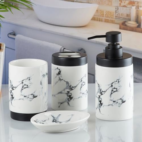 SaSaSa Ceramic Bathroom Accessories Set of 4 Modern Bath Set with Soap Dispenser & Toothbrush Holder, Luxury Home & Gift Idea, White/Black (9598) - Image 3