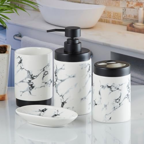 SaSaSa Ceramic Bathroom Accessories Set of 4 Modern Bath Set with Soap Dispenser & Toothbrush Holder, Luxury Home & Gift Idea, White/Black (9598) - Image 2