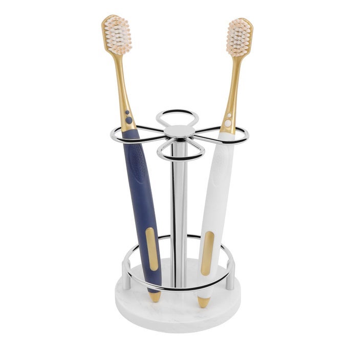 TOOTHBRUSH HOLDER STAND FOR BATHROOM METAL TOOTHBRUSH ORGANIZER WITH MARBLE BASE TOOTHBRUSH STORAGE COLLECTION FOR FAMILY SUITABLE FOR HOME HOTEL COUNTERTOP VANITY SMALL CHROME FINISH