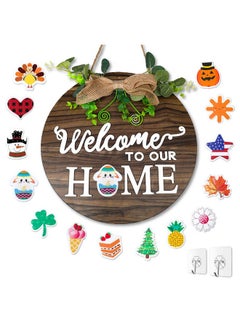 LEADUWAY LEADUWAY Easter Interchangeable Welcome Sign for Front Door, Seasonal Wood Door Sign with 14 styles, Outdoor Wall Hanging Decoration, Holiday Door Decor Halloween Christmas Winters  - Image 1