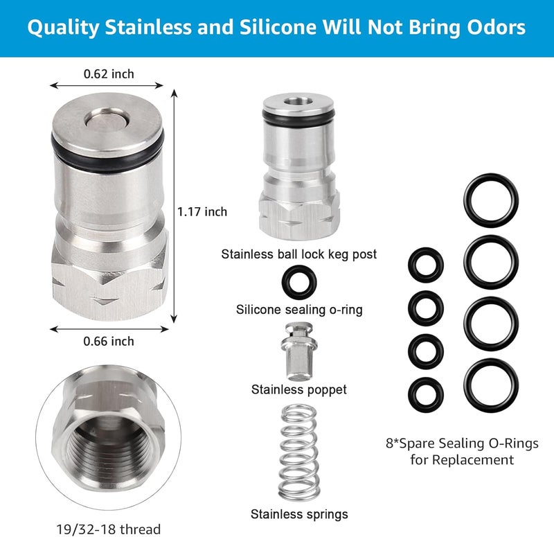 MRbrew 2 Pair Ball Lock Keg Post, Stainless 304 Homebrew 19/32’’-18 Co2 Gas kegerator Beer Liquid Cornelius Corny Poppet Spring Spare Sealing O-ring Keg Posts Kit for Brewing Quick Disconnect Fitting - Image 3