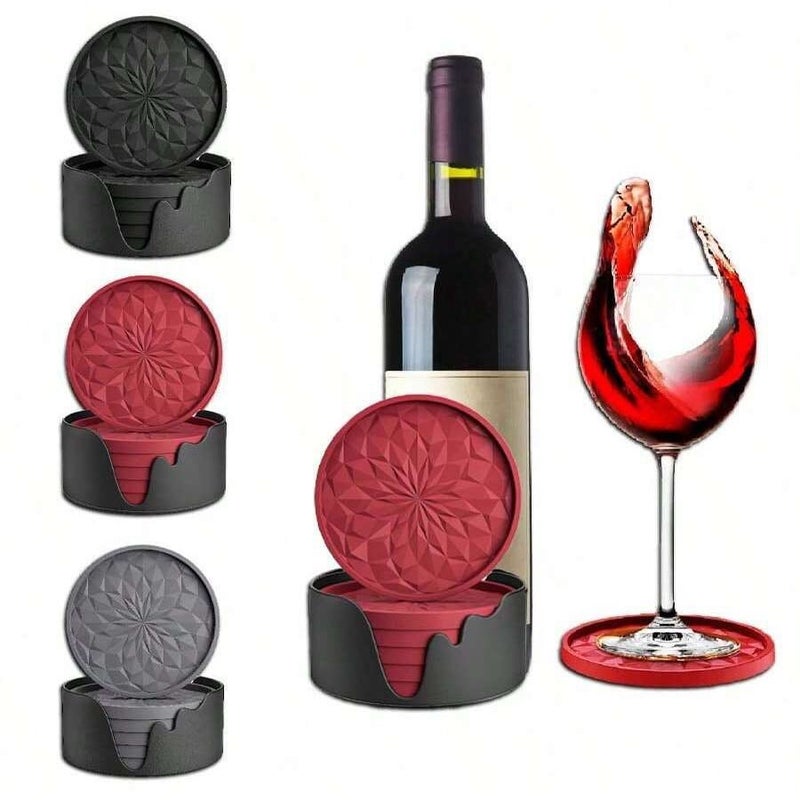 Silicone Coasters 6-Piece Set with Base, Non-Slip Diamond Pattern - Image 1