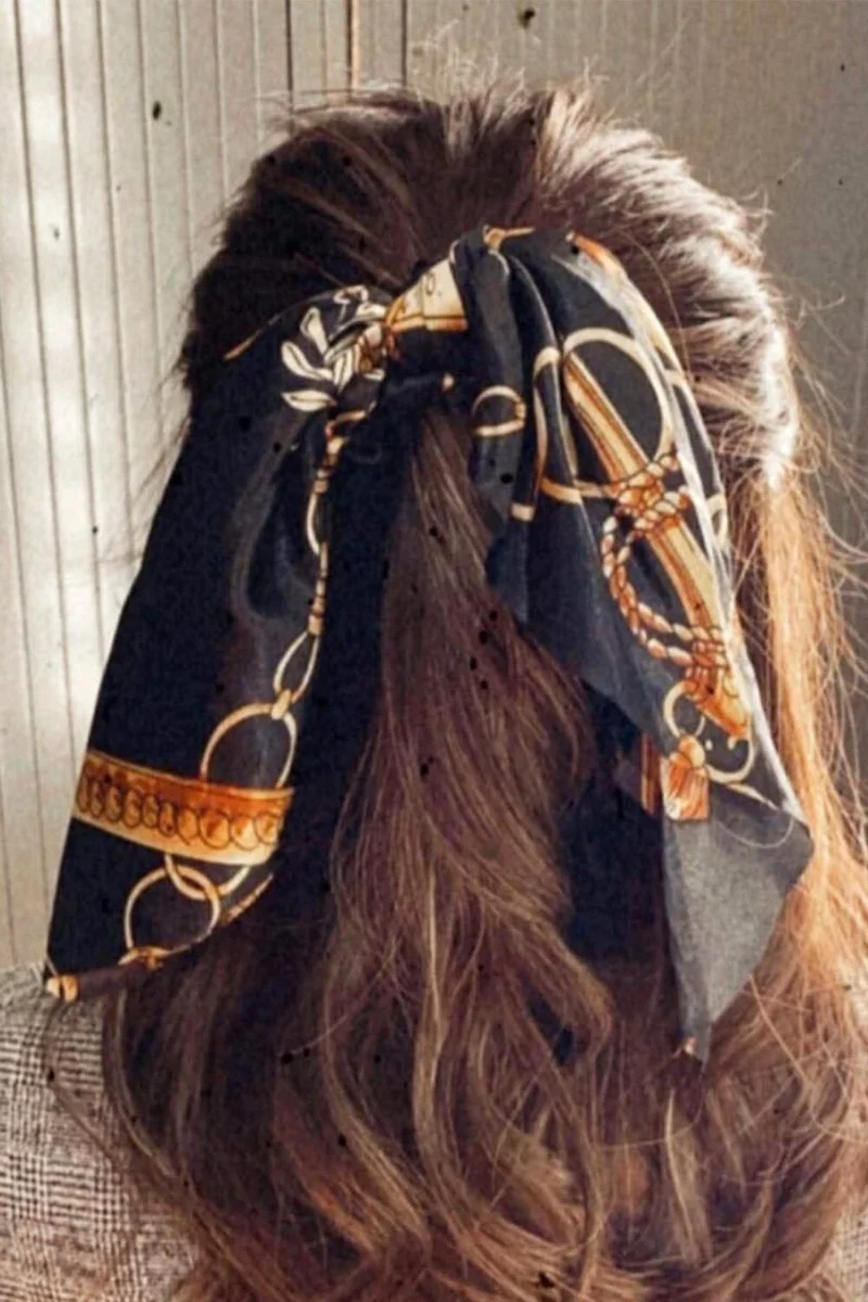 باهلس Women's Black Color Gold Chain Detailed Patterned Scarf Hair Rubber Buckle