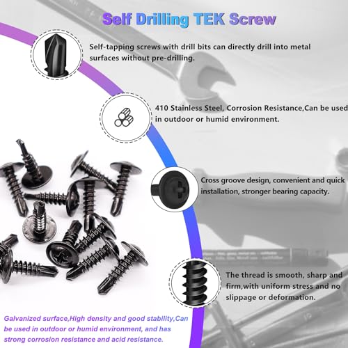 mxuteuk #8 Self Tapping Screws,410 Stainless Steel Self Tapping Screws for Metal,Modified Truss Head Self Drilling Screw (1/2",5/8",3/4",1",1-1/4") Sheet Metal Screw for Metal (115PCS) - Image 4