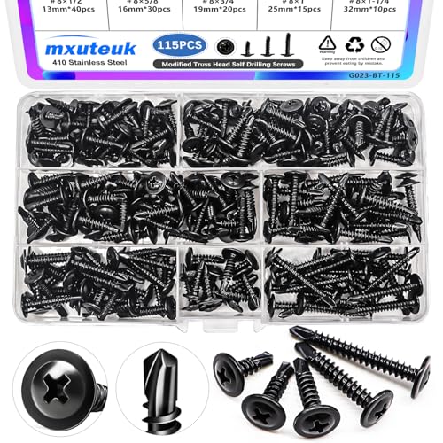 mxuteuk #8 Self Tapping Screws,410 Stainless Steel Self Tapping Screws for Metal,Modified Truss Head Self Drilling Screw (1/2",5/8",3/4",1",1-1/4") Sheet Metal Screw for Metal (115PCS) - Image 1