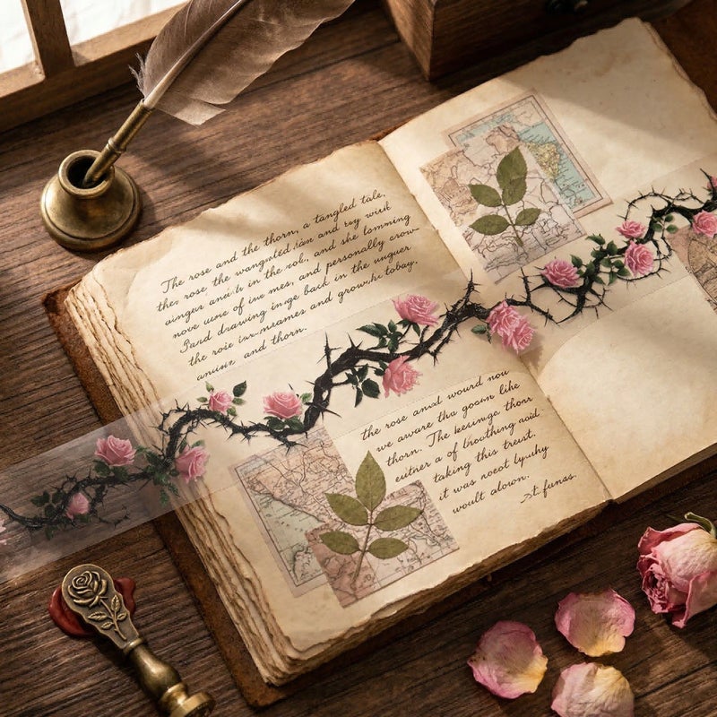 Pink Rose Flower PET Tape 78.74inch Vintage Decorative Sticker for Journaling Scrapbooking - Image 3
