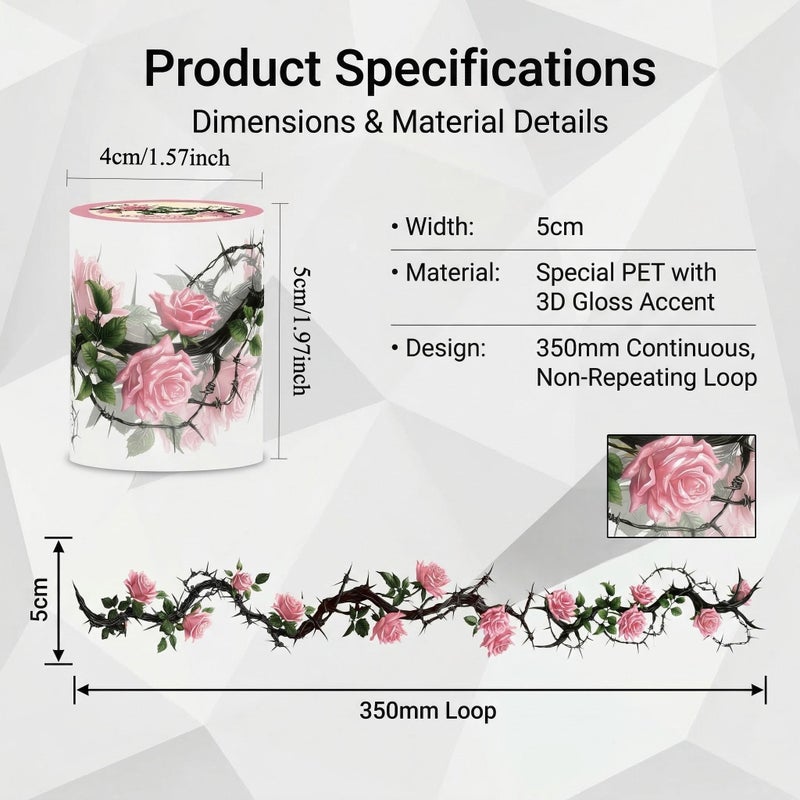 Pink Rose Flower PET Tape 78.74inch Vintage Decorative Sticker for Journaling Scrapbooking - Image 4