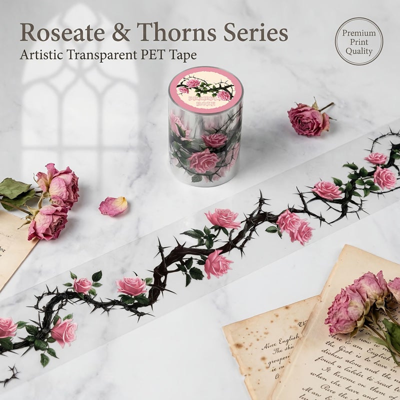 Pink Rose Flower PET Tape 78.74inch Vintage Decorative Sticker for Journaling Scrapbooking - Image 1