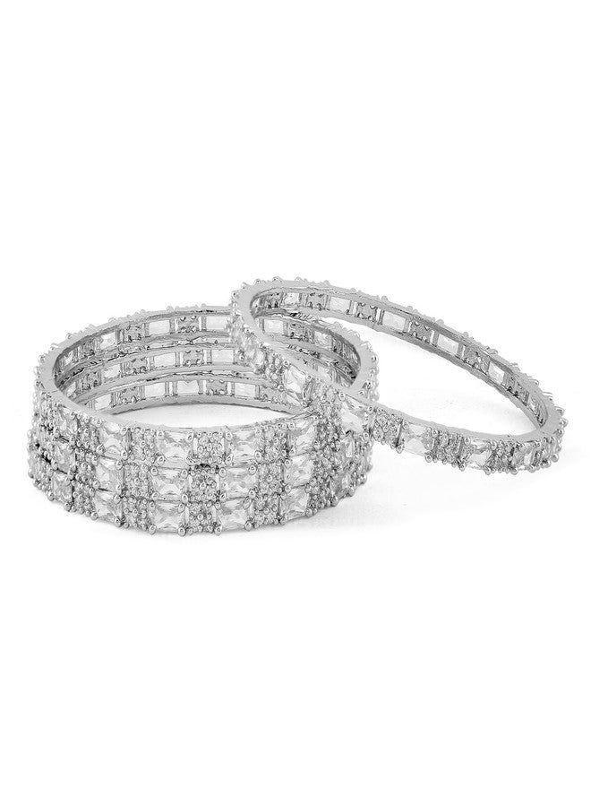 Rubans Set of 4 Rhodium-Plated Silver-Tone Cubic Zirconia Studded Premium Bangles - Image 1
