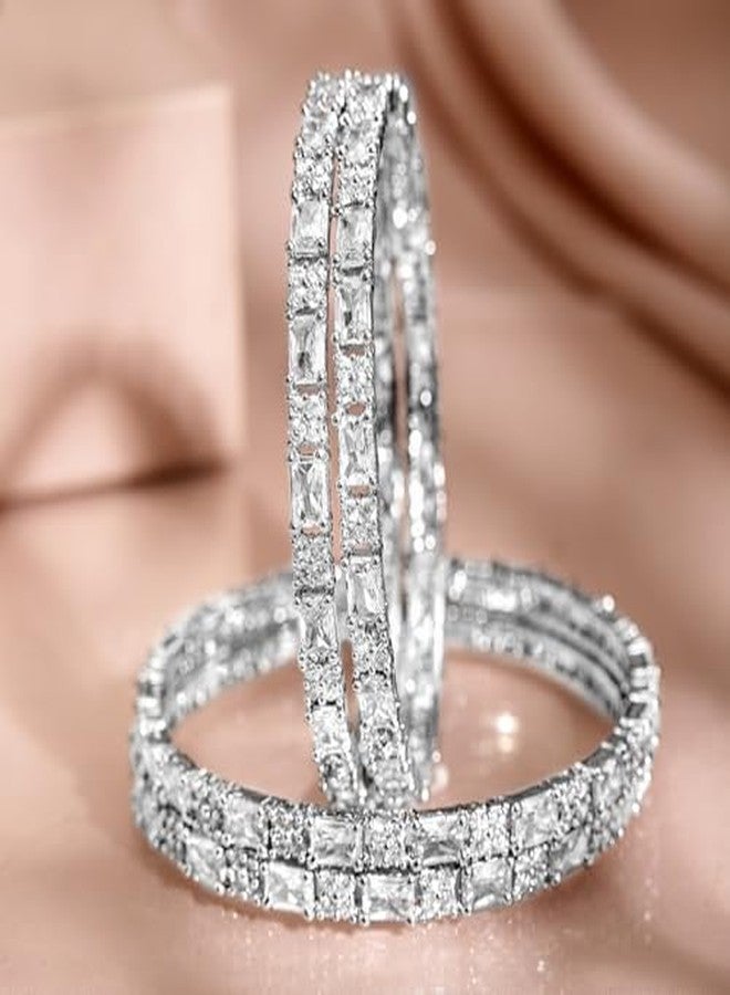 Rubans Set of 4 Rhodium-Plated Silver-Tone Cubic Zirconia Studded Premium Bangles - Image 3