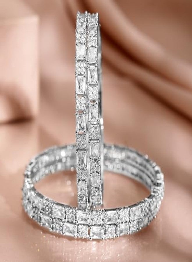 Rubans Set of 4 Rhodium-Plated Silver-Tone Cubic Zirconia Studded Premium Bangles - Image 4