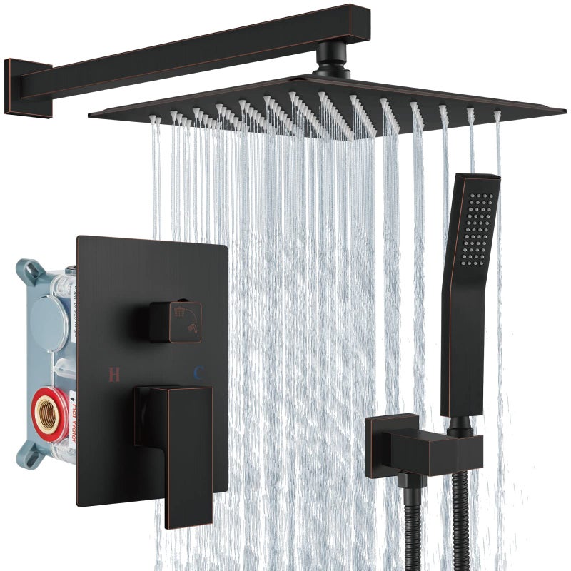 Aolemi Shower Faucet Set Rain Shower System with Handheld Spray Bathroom Shower Combo Roughin Valve and Shower Trim Kit Included Oil Rubbed Bronze 12 Inch Wall Mount Shower Head