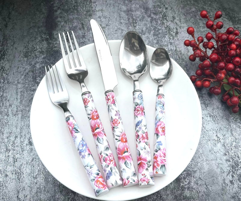 Elegant Peony Flower 20Piece Stainless Steel Flatware Set  Durable Modern Cutlery set Service for 4 People Perfect for Home Weddings Parties and Everyday Use Plastic Handle Dishwasher Safe