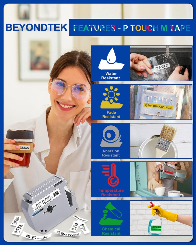 BEYONDTEK M Tape Work for PT-65 PT-70 PT-70BM PT-M95 Replace with Brother P Touch M Tape 12mm 0.47 Colors for M-K231s/M-431/M-531/M-631/M-731/M-831/M-931s with Label Maker PT-45 PT-80 PT-90 8m 26.2ft - Image 3