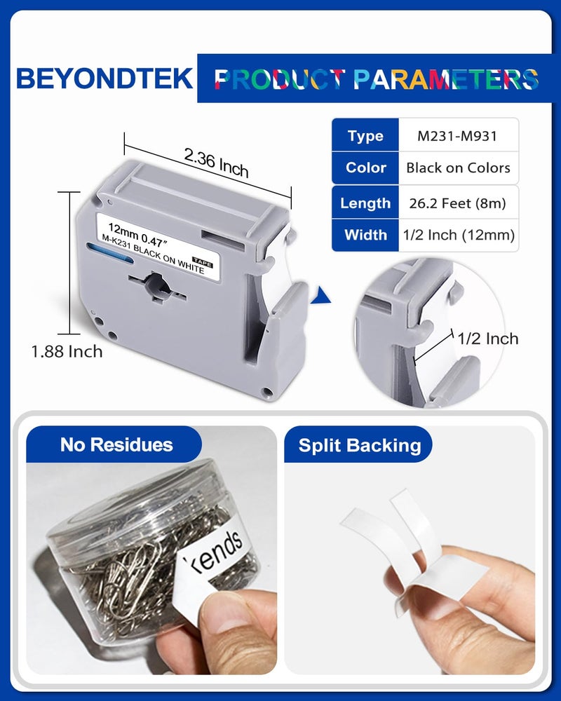 BEYONDTEK M Tape Work for PT-65 PT-70 PT-70BM PT-M95 Replace with Brother P Touch M Tape 12mm 0.47 Colors for M-K231s/M-431/M-531/M-631/M-731/M-831/M-931s with Label Maker PT-45 PT-80 PT-90 8m 26.2ft - Image 2