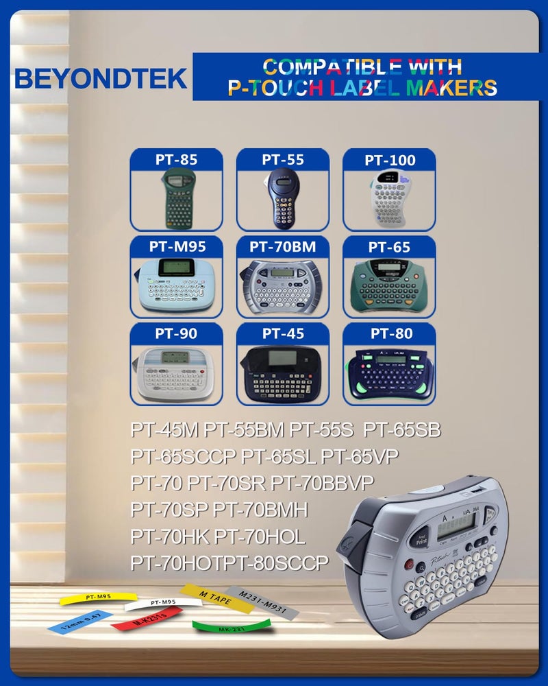 BEYONDTEK M Tape Work for PT-65 PT-70 PT-70BM PT-M95 Replace with Brother P Touch M Tape 12mm 0.47 Colors for M-K231s/M-431/M-531/M-631/M-731/M-831/M-931s with Label Maker PT-45 PT-80 PT-90 8m 26.2ft - Image 4