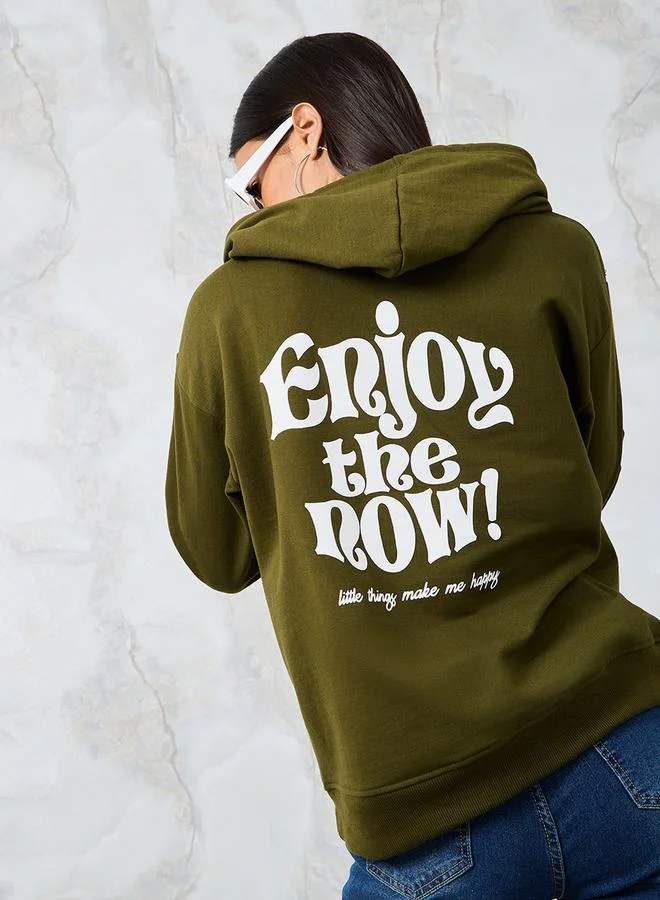 Styli Regular Fit Longline Slogan Print Hoodie
