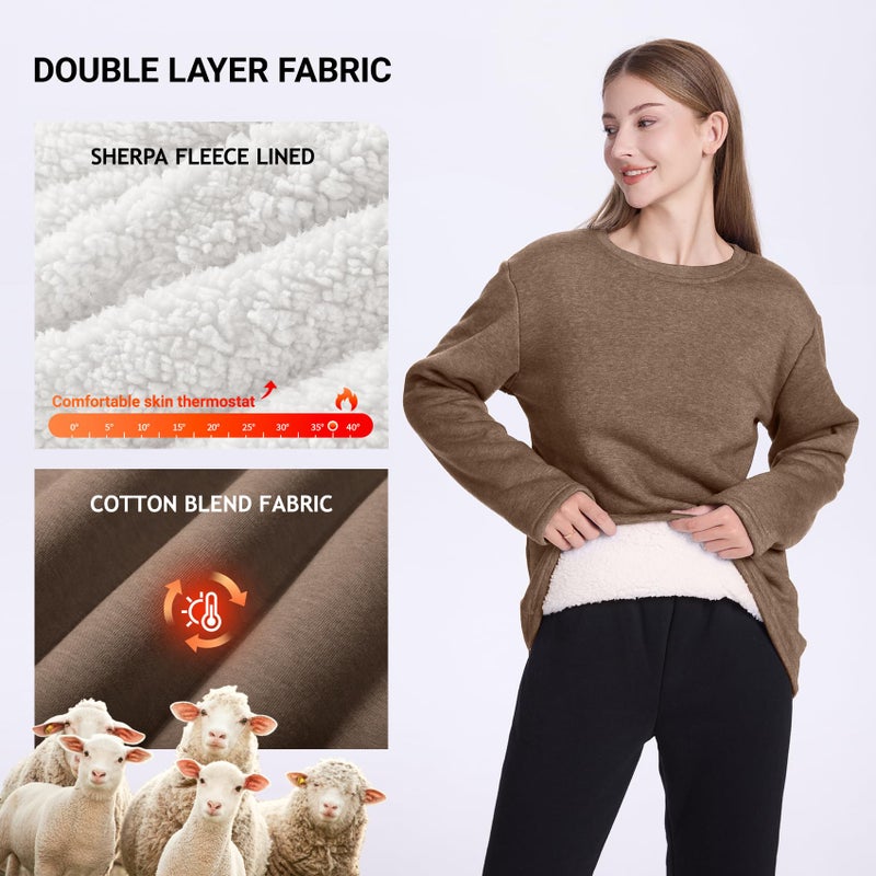 PEHMEA Women's Winter Warm Sherpa Lined Fleece Sweatshirt Crewneck Sport Pullover Loungewear Tops(Coffee-M) - Image 4