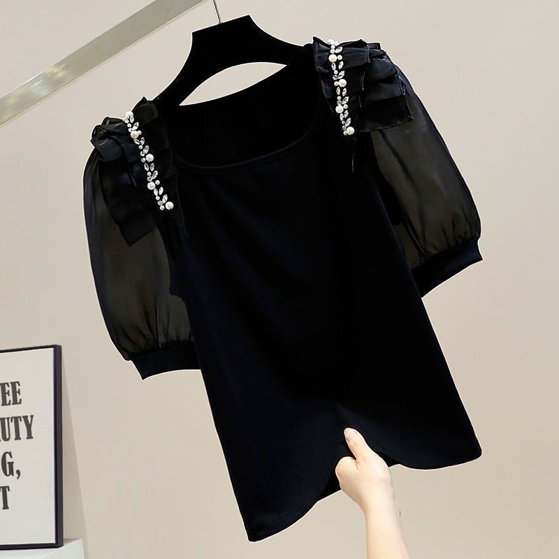 Heavy-duty Beads and Diamonds Sweet Pleated Wood-ear Stitching Organza Bubble Short-sleeved Loose All-match Western Style T-shirt - Image 1