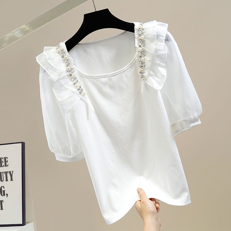 Heavy-duty Beads and Diamonds Sweet Pleated Wood-ear Stitching Organza Bubble Short-sleeved Loose All-match Western Style T-shirt - Image 2