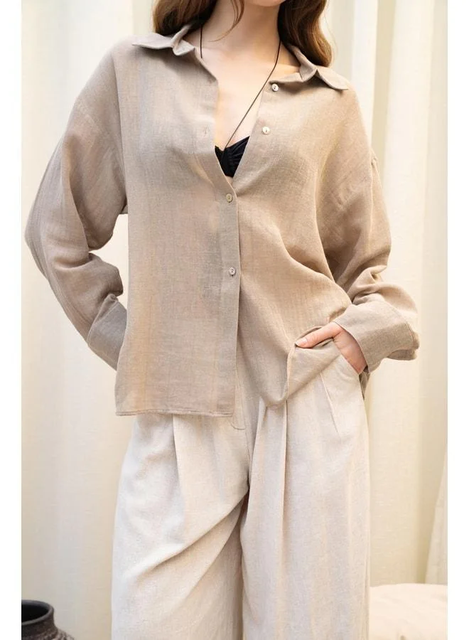 Bohemai  Calynn Back-Open Striped Khaki Linen Shirt. for Women | Best Price UAE