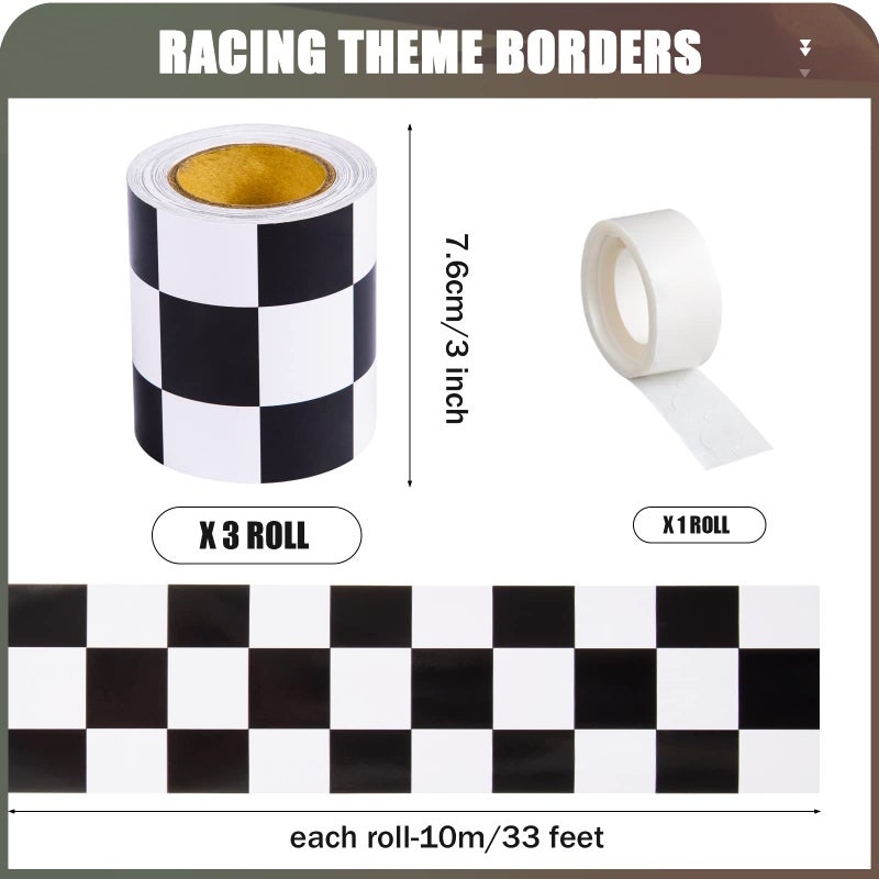 FOBSME 99 Feet Checkered Flag Bulletin Board Borders Road Race Car Straight Borders Race Track Bulletin Board Border Trim Racing Classroom Decoration for Retro Racing Theme Back to School Party Decor,3 Rolls - Image 2