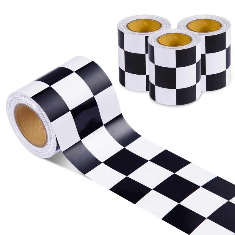FOBSME 99 Feet Checkered Flag Bulletin Board Borders Road Race Car Straight Borders Race Track Bulletin Board Border Trim Racing Classroom Decoration for Retro Racing Theme Back to School Party Decor,3 Rolls - Image 1