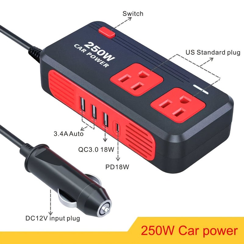 مُحوّل طاقة السيارة 250 واط QC 3.0 أسود من 12V DC إلى 110V AC مع 3 منافذ USB وشاحن سريع من نوع C للرحلات البرية والتخييم وأجهزة الكمبيوتر والسيارات والشاحنات والمركبات الترفيهية (RV) - لا حاجة لبطارية - Image 2