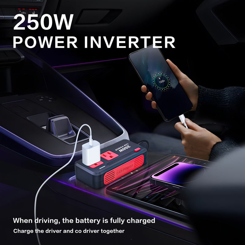 مُحوّل طاقة السيارة 250 واط QC 3.0 أسود من 12V DC إلى 110V AC مع 3 منافذ USB وشاحن سريع من نوع C للرحلات البرية والتخييم وأجهزة الكمبيوتر والسيارات والشاحنات والمركبات الترفيهية (RV) - لا حاجة لبطارية - Image 5