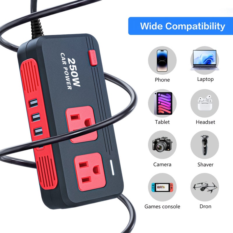 مُحوّل طاقة السيارة 250 واط QC 3.0 أسود من 12V DC إلى 110V AC مع 3 منافذ USB وشاحن سريع من نوع C للرحلات البرية والتخييم وأجهزة الكمبيوتر والسيارات والشاحنات والمركبات الترفيهية (RV) - لا حاجة لبطارية - Image 3