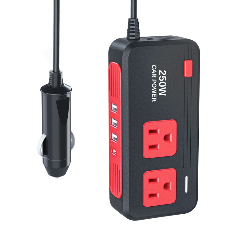 مُحوّل طاقة السيارة 250 واط QC 3.0 أسود من 12V DC إلى 110V AC مع 3 منافذ USB وشاحن سريع من نوع C للرحلات البرية والتخييم وأجهزة الكمبيوتر والسيارات والشاحنات والمركبات الترفيهية (RV) - لا حاجة لبطارية - Image 4