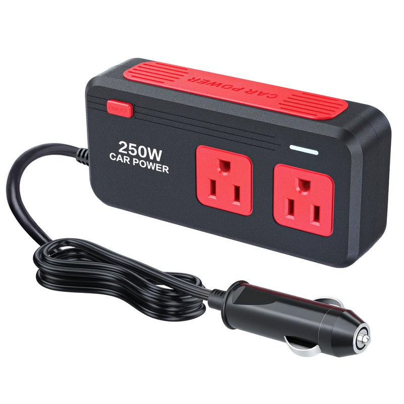 مُحوّل طاقة السيارة 250 واط QC 3.0 أسود من 12V DC إلى 110V AC مع 3 منافذ USB وشاحن سريع من نوع C للرحلات البرية والتخييم وأجهزة الكمبيوتر والسيارات والشاحنات والمركبات الترفيهية (RV) - لا حاجة لبطارية - Image 1