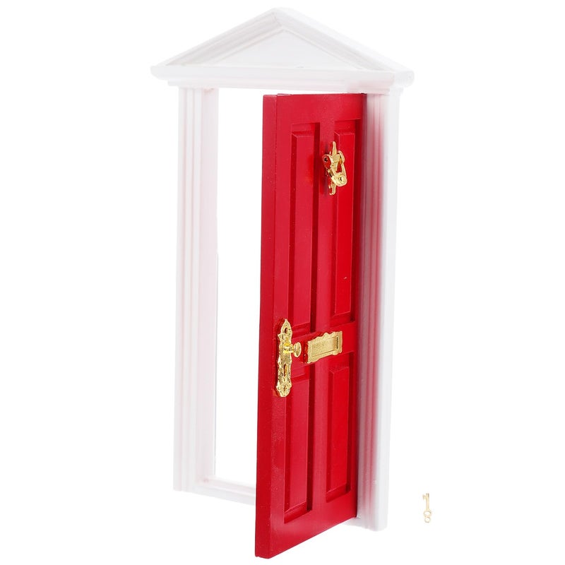 باب خشبي مصغر أحمر مدبب DIY إكسسوار أثاث منزل الدمى مقياس ١٢ - Image 2