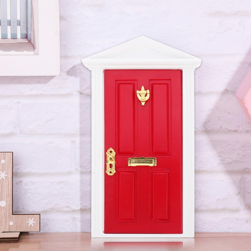 باب خشبي مصغر أحمر مدبب DIY إكسسوار أثاث منزل الدمى مقياس ١٢ - Image 4