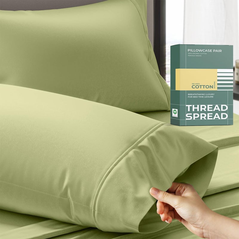 THREAD SPREAD 100% Organic Cotton Pillow Cases Standard Size - Natural Cotton Pillow Cases Queen Size Set of 2 (Sage Green), Soft, Cooling, Crisp & Breathable Percale Weave Pillowcase, GOTS Certified - Image 1