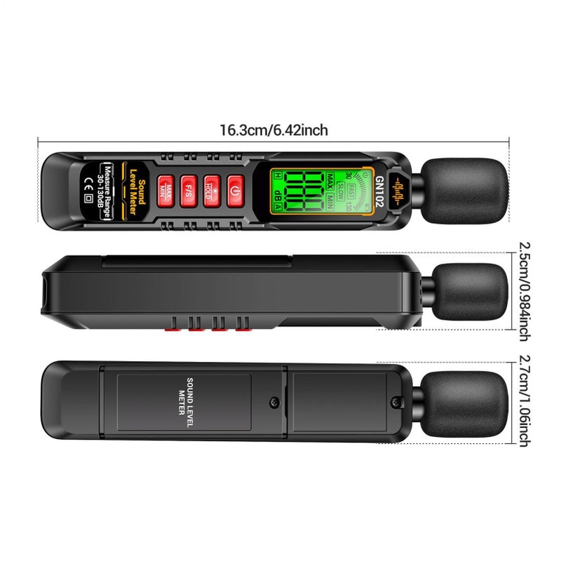 مقياس ديسيبل الصوت قارئ الضوضاء شاشة LCD رقمية كشف مرجح من النوع A نطاق 30-130 ديسيبل حفظ البيانات جهاز اختبار محمول للاستخدام المنزلي والمصنعي مع شاشة كبيرة وحافظة سوداء - Image 3