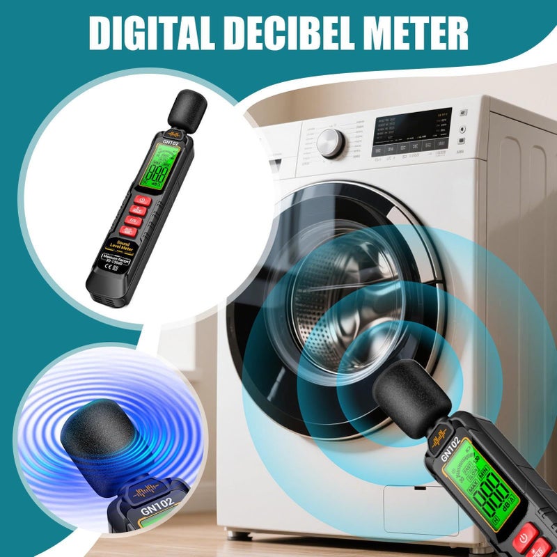 مقياس ديسيبل الصوت قارئ الضوضاء شاشة LCD رقمية كشف مرجح من النوع A نطاق 30-130 ديسيبل حفظ البيانات جهاز اختبار محمول للاستخدام المنزلي والمصنعي مع شاشة كبيرة وحافظة سوداء - Image 4